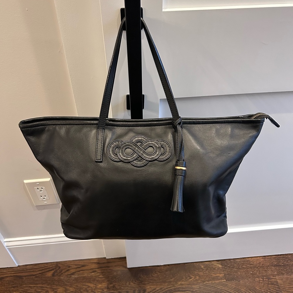 Shanghai Tang Black Leather Tassel Tote Handbag